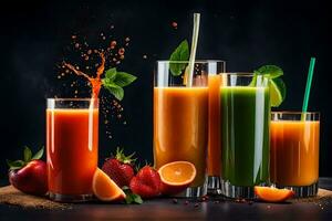 juice in glasses with fruit and vegetables. AI-Generated photo