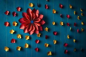 un flor hecho de papel es colgando desde instrumentos de cuerda. generado por ai foto