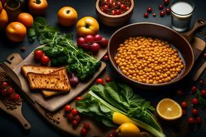 comidas y vegetales en un mesa. generado por ai foto