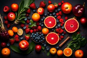 fresh fruits and vegetables arranged on a black background. AI-Generated photo