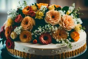 un pastel con flores en parte superior de él. generado por ai foto