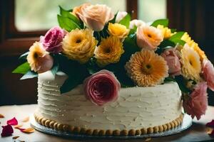 a white cake with flowers on top. AI-Generated photo