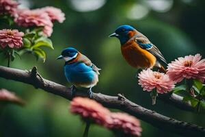 dos vistoso aves sentado en un rama con rosado flores generado por ai foto