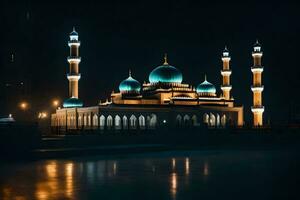 el mezquita a noche con luces en. generado por ai foto