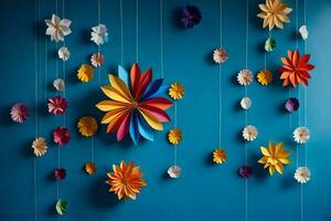 colorful paper flowers hanging from strings on a blue wall. AI-Generated photo