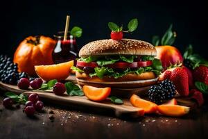 a hamburger with fruit and vegetables on a wooden cutting board. AI-Generated photo