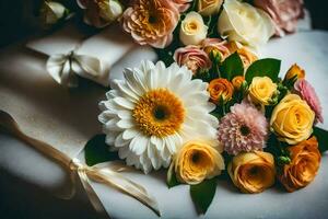 un ramo de flores de flores en un mesa. generado por ai foto