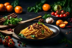 spaghetti with nuts and tomatoes on a dark table. AI-Generated photo