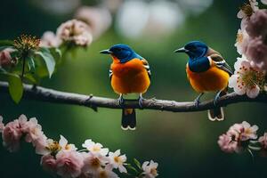 dos aves sentado en un rama con flores generado por ai foto