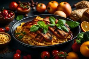 grilled chicken breast with pasta and vegetables on a black background. AI-Generated photo