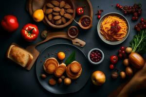 un mesa con varios comidas incluso pan, verduras, y fruta. generado por ai foto