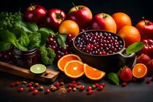 fruit and vegetables on a black background. AI-Generated photo