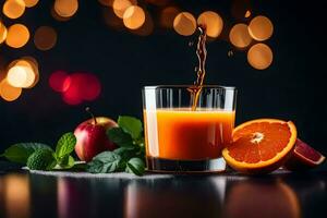 orange juice being poured into a glass with oranges and mint leaves. AI-Generated photo