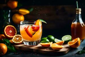 orange juice with lime and oranges on a wooden table. AI-Generated photo