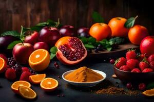 various fruits and spices are arranged on a table. AI-Generated photo