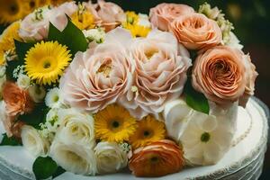 un Boda pastel con flores en cima. generado por ai foto