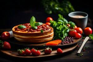 a pizza with tomatoes, basil and other ingredients on a wooden table. AI-Generated photo