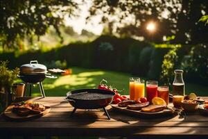 un mesa con comida y bebidas en eso en el jardín. generado por ai foto