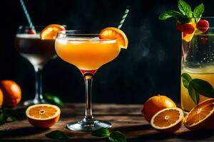 two glasses of orange and lemon cocktails with garnishes. AI-Generated photo