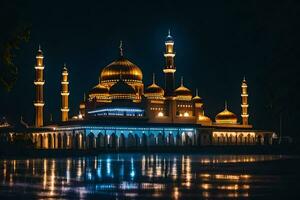 el mezquita a noche con sus luces en. generado por ai foto