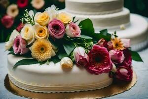 un Boda pastel con vistoso flores en cima. generado por ai foto