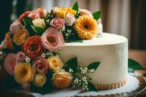 a wedding cake with colorful flowers on top. AI-Generated photo