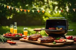 a barbecue grill with food on it in the garden. AI-Generated photo