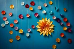 colorful paper flowers hanging from strings on a blue wall. AI-Generated photo