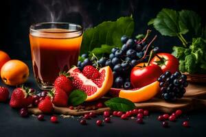 fresh fruits and vegetables with juice on a black background. AI-Generated photo