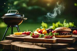 a hamburger and vegetables on a wooden table. AI-Generated photo