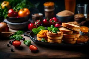 comidas en un mesa con pan, vegetales y otro ingredientes. generado por ai foto