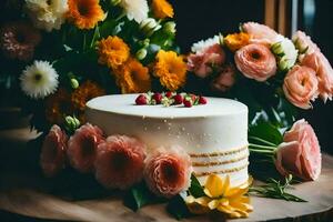 a white cake with flowers on a wooden table. AI-Generated photo