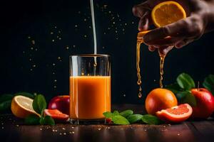 naranja jugo siendo vertido dentro un vaso con naranjas y limones generado por ai foto