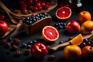 fruit and nuts on a black background. AI-Generated photo