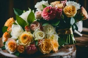 un ramo de flores de flores sentado en un de madera mesa. generado por ai foto