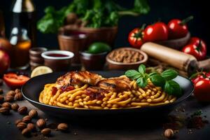 pasta with chicken and tomatoes on a black background. AI-Generated photo