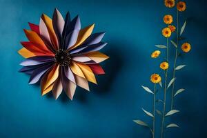 a colorful flower made from folded paper on a blue wall. AI-Generated photo