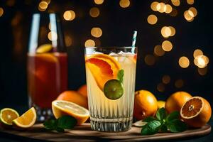 a glass of orange juice with a slice of orange and mint. AI-Generated photo