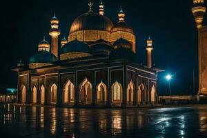 the mosque at night with the lights on. AI-Generated photo