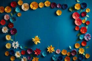 colorful paper flowers on a blue wall. AI-Generated photo