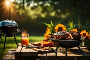 un parilla parrilla con carne y Fruta en un mesa. generado por ai foto