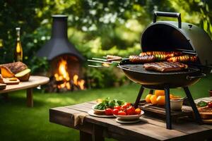a barbecue grill with meat and vegetables on it. AI-Generated photo