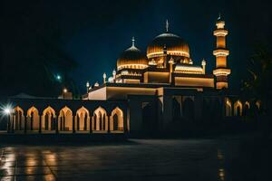 el mezquita a noche con luces en. generado por ai foto