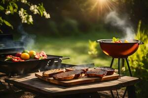 grilling steak and vegetables on a grill. AI-Generated photo