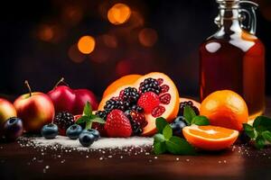 fruit and berries on a table with a bottle of syrup. AI-Generated photo