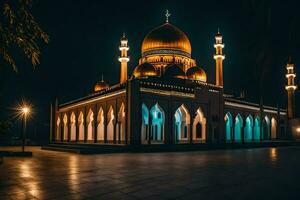 the mosque at night with lights on. AI-Generated photo