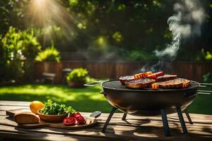 grilling steak on a grill in the backyard. AI-Generated photo