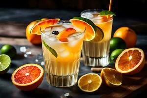 two glasses of orange juice with lime slices and oranges. AI-Generated photo