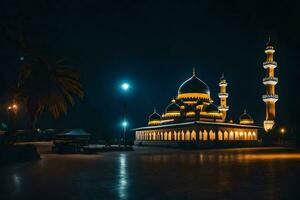 un mezquita iluminado arriba a noche en el medio de un parque. generado por ai foto