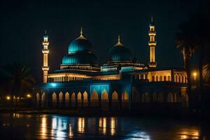 mosque at night with blue lights. AI-Generated photo